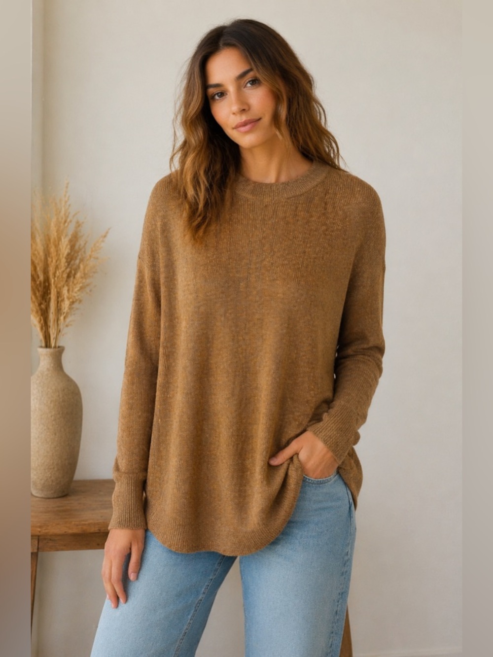 FP Beach Free People Oversized Knit Sweater Sz S Bronze Mist Cinnamon Boho NEW